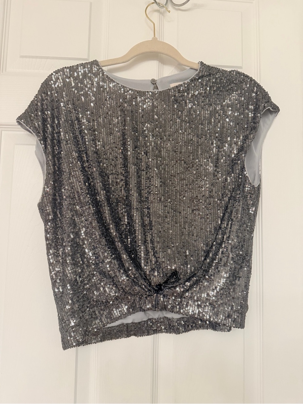 LOFT Silver Sequin Knot-Front Cap Sleeve Top
